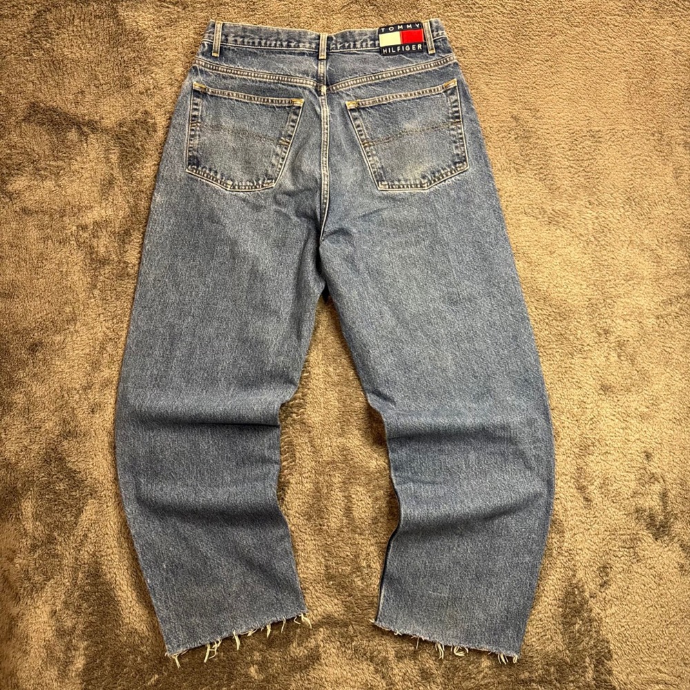 Tommy Jeans Mens 36x30 Blue Baggy Relaxed Fit Cut Off Hem Denim Jeans 90s